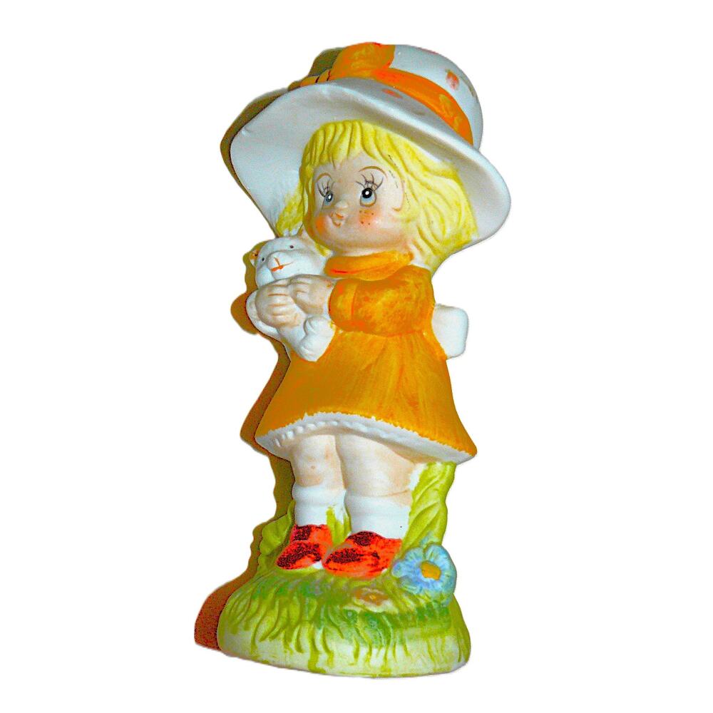 Vintage Ceramic Girl in Orange Dress Bonnet Holding Cat Hand-Painted Collectible